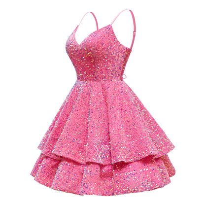 V-Neck Spaghetti Straps Tiered Sequins Mini Homecoming Dresses