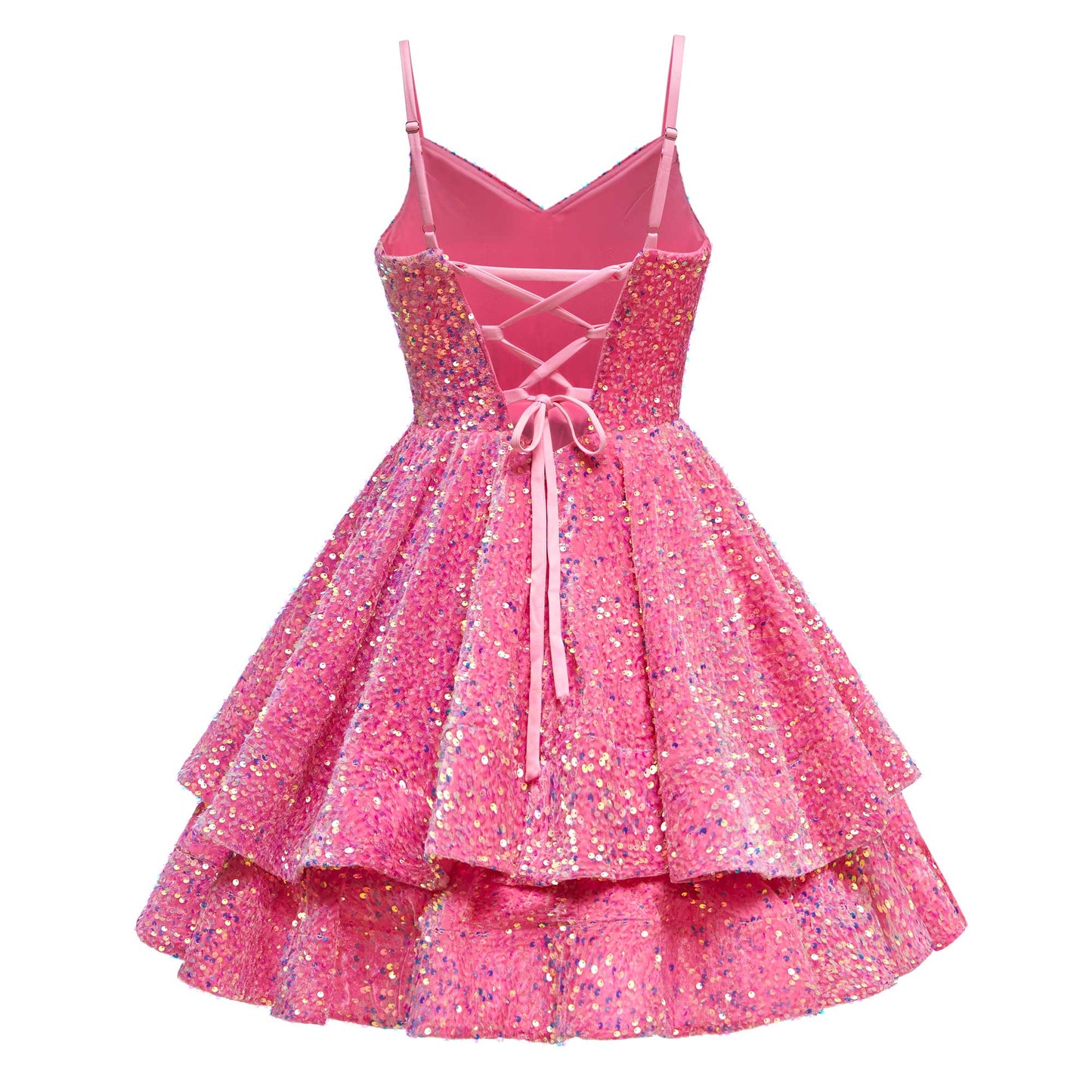 V-Neck Spaghetti Straps Tiered Sequins Mini Homecoming Dresses